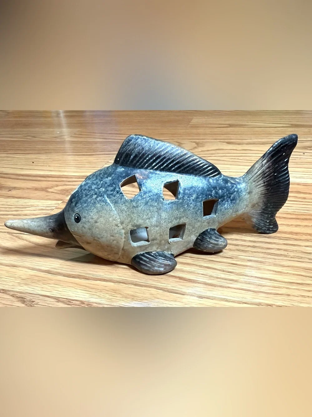 2 Vintage ceramic fish tea light candle holder luminaries Blue and Tan